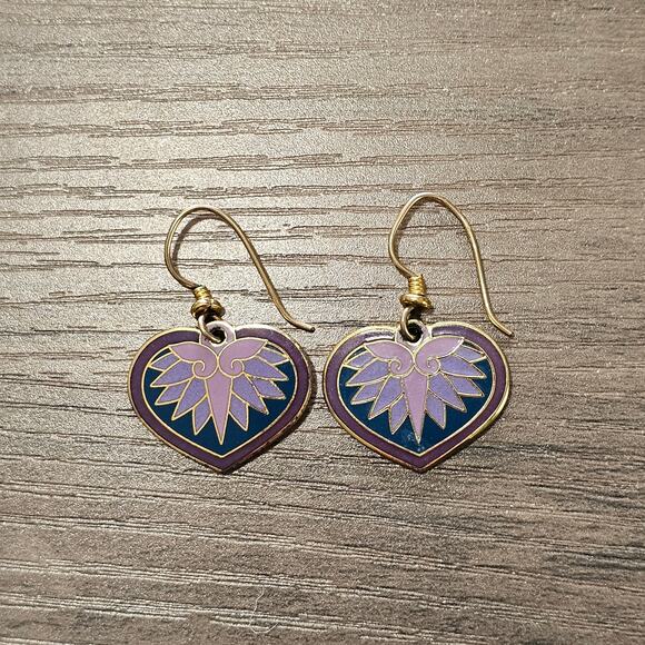 Vintage Laurel Burch Hollyhock Purple & Gold Heart Earrings - Picture 6 of 6